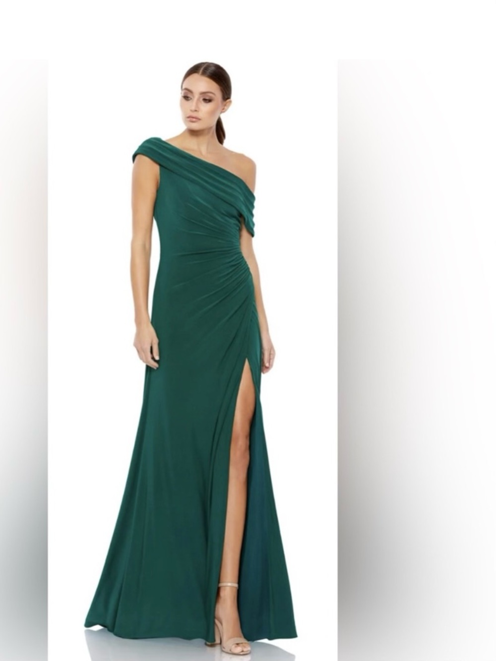 NWT Ieena for Mac Duggal Foldover Off-Shoulder Slit Gown in Emerald - Size 10